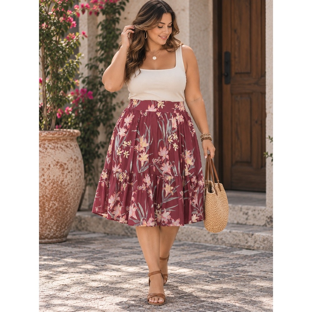 Torrid 3X Floral Poplin Tiered Midi Skirt Burgundy Boho Cottagecore 22 24